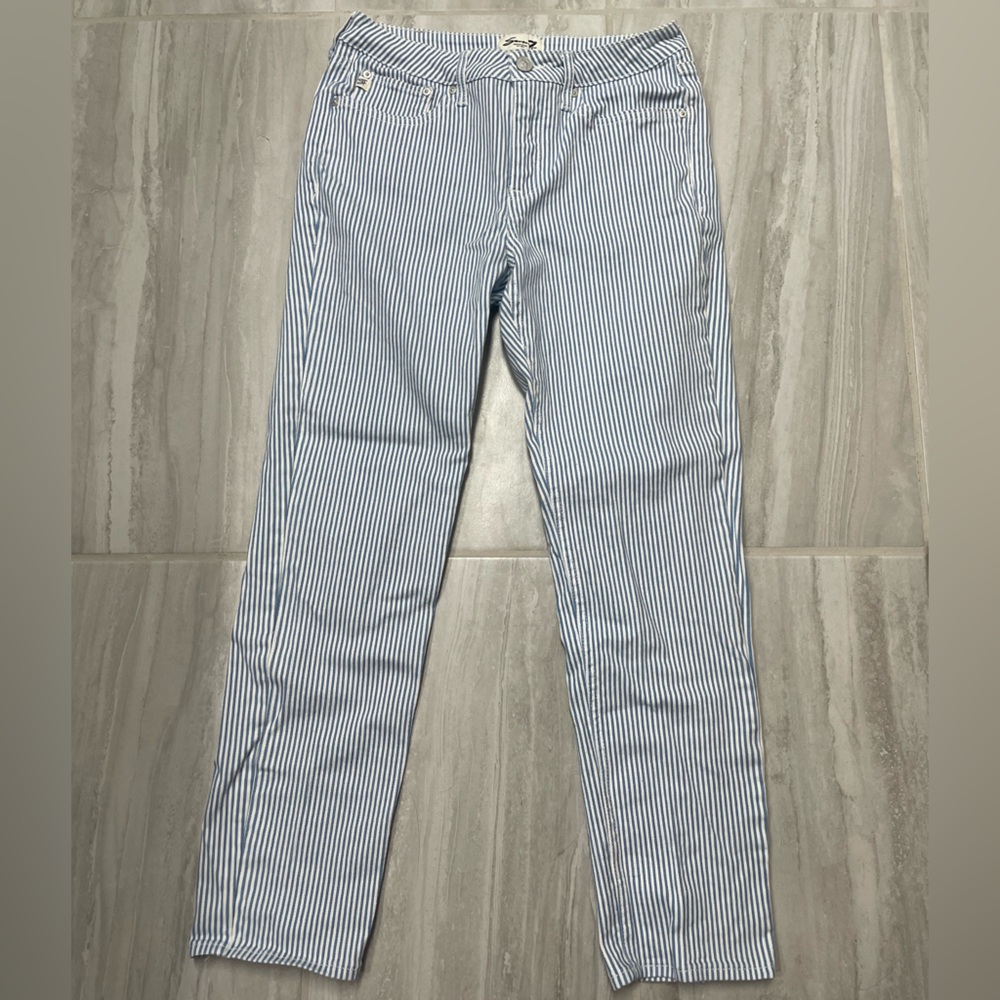 Blue and White Striped Straight Jeans